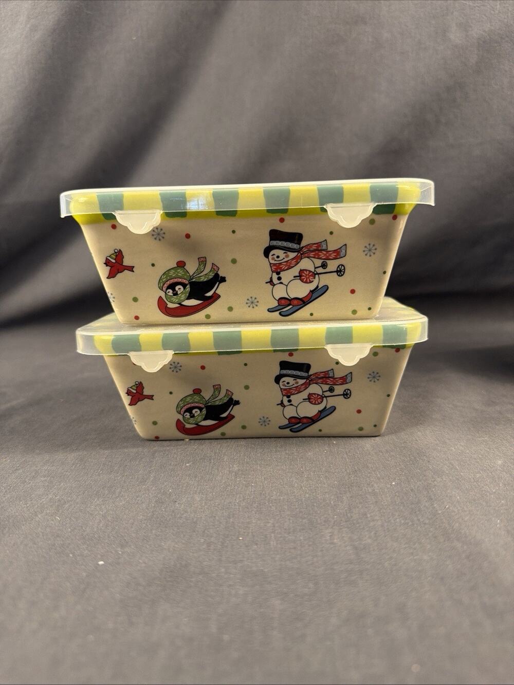 Temptations By Tara 2 Christmas Snowman Mini Loaf Pan Ovenware w/ Plastic Lids